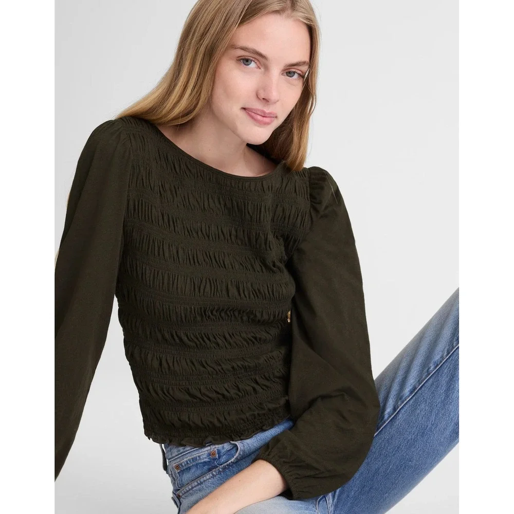 NWT Madewell Smocked Boatneck Top Midnight Navy Long Sleeve Extra Small